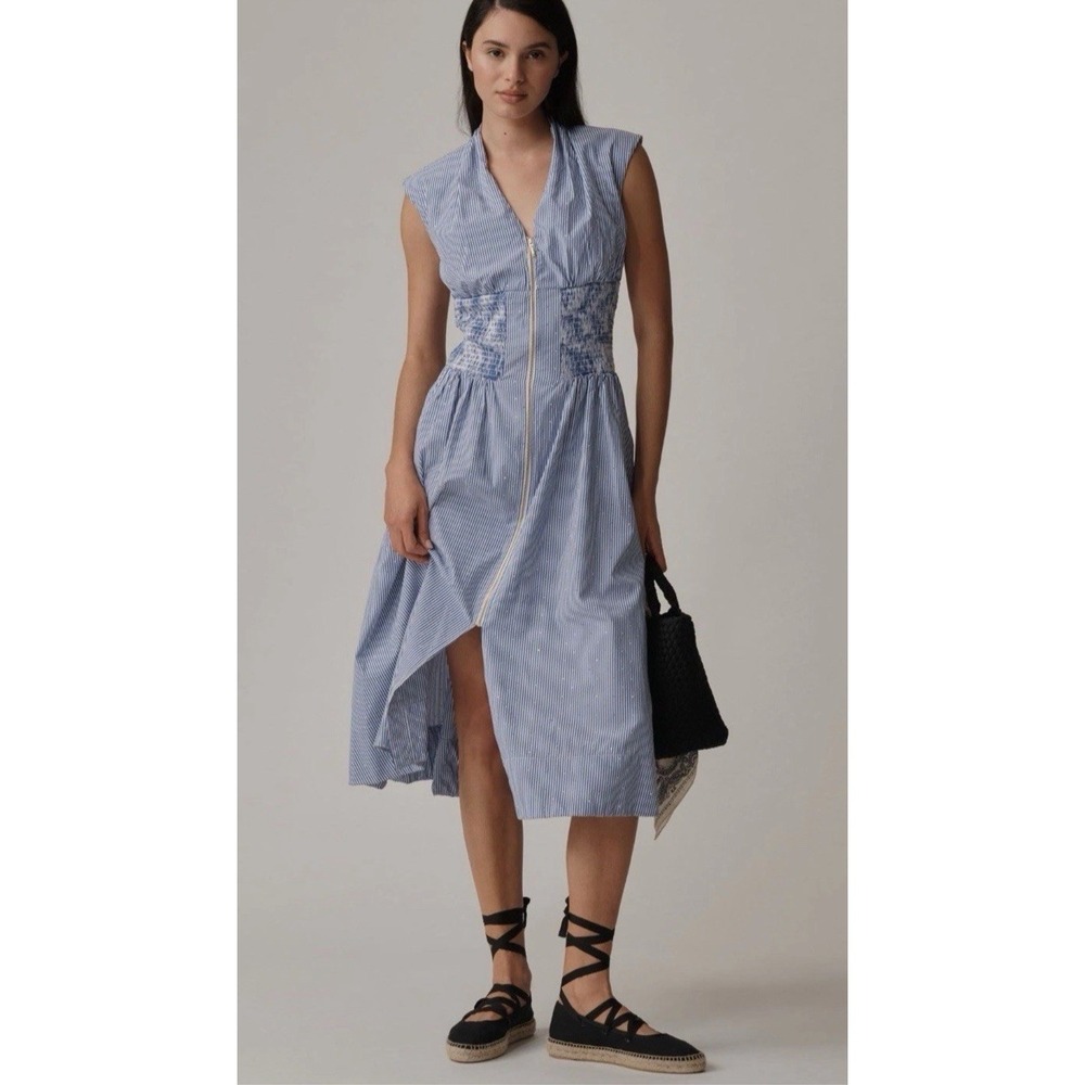 Anthropologie‎ The Tommie Cap-Sleeve Smocked Front-Zip Shirt Dress Shine Sz S